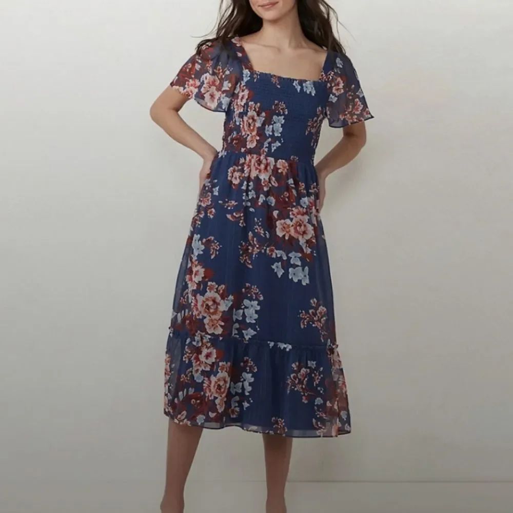 LC Lauren Conrad Blue Floral Tiered Midi Dress.